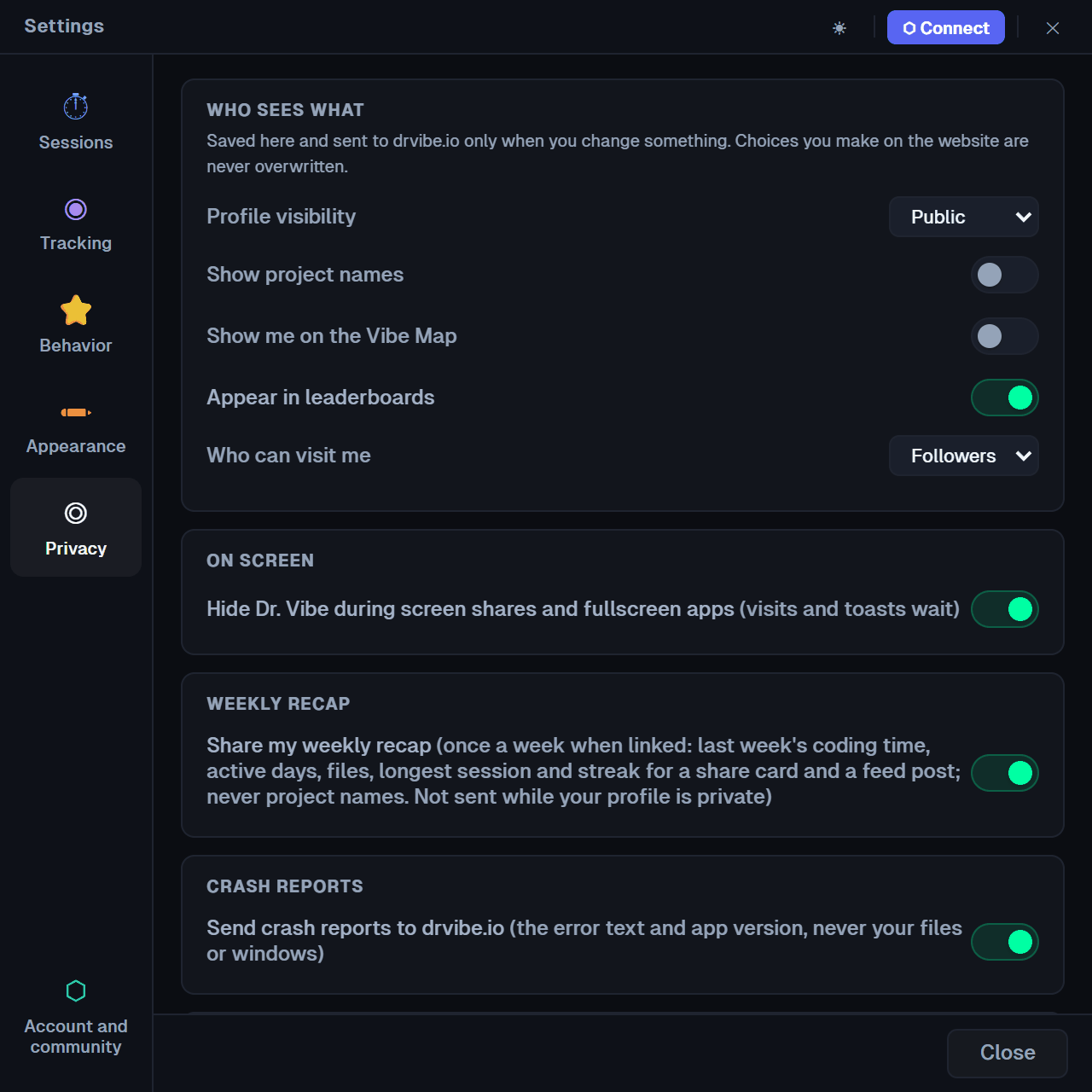 Settings, Privacy tab