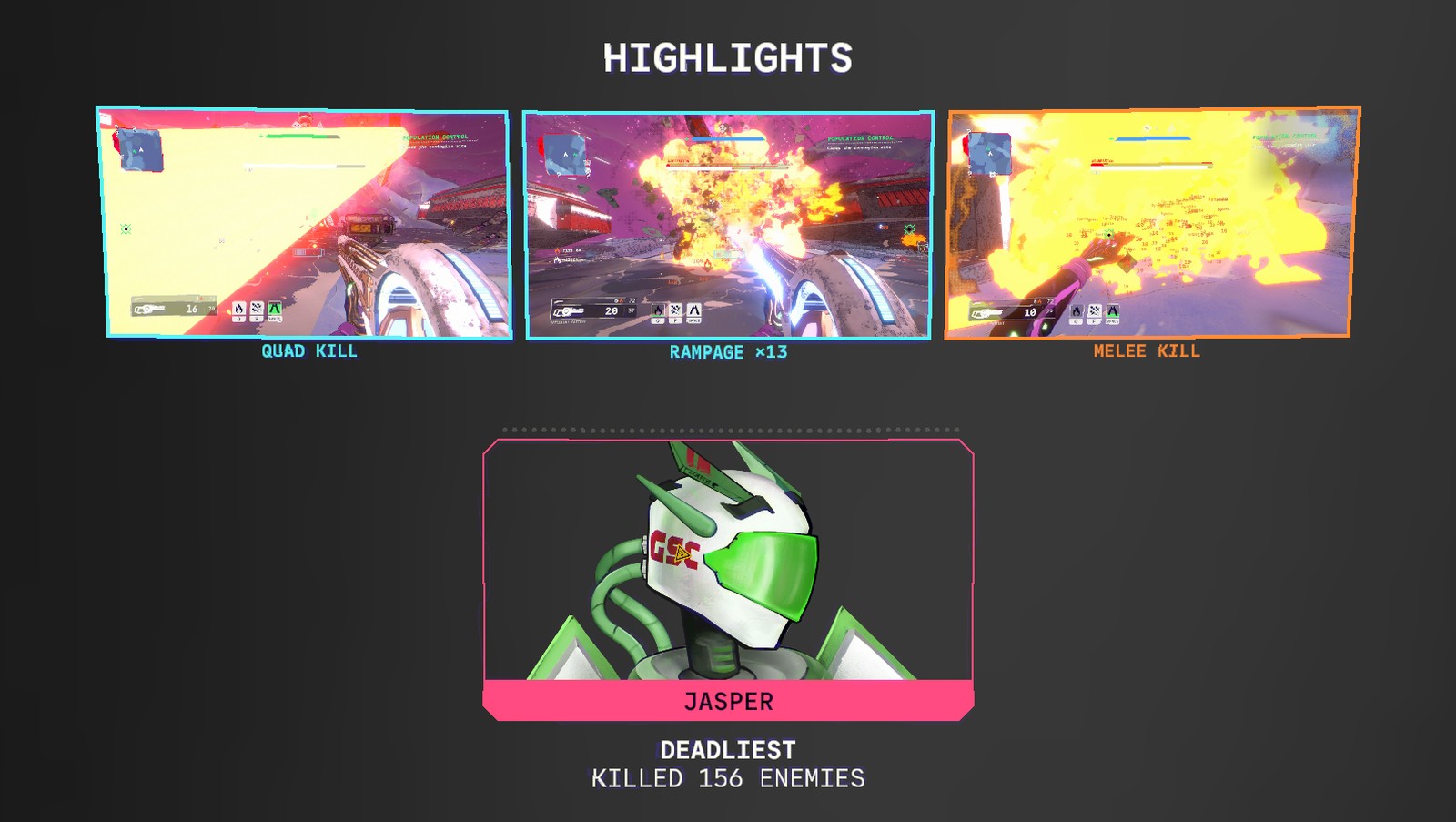 The awards screen with a HIGHLIGHTS row above the Deadliest card: QUAD KILL, RAMPAGE ×13, MELEE KILL