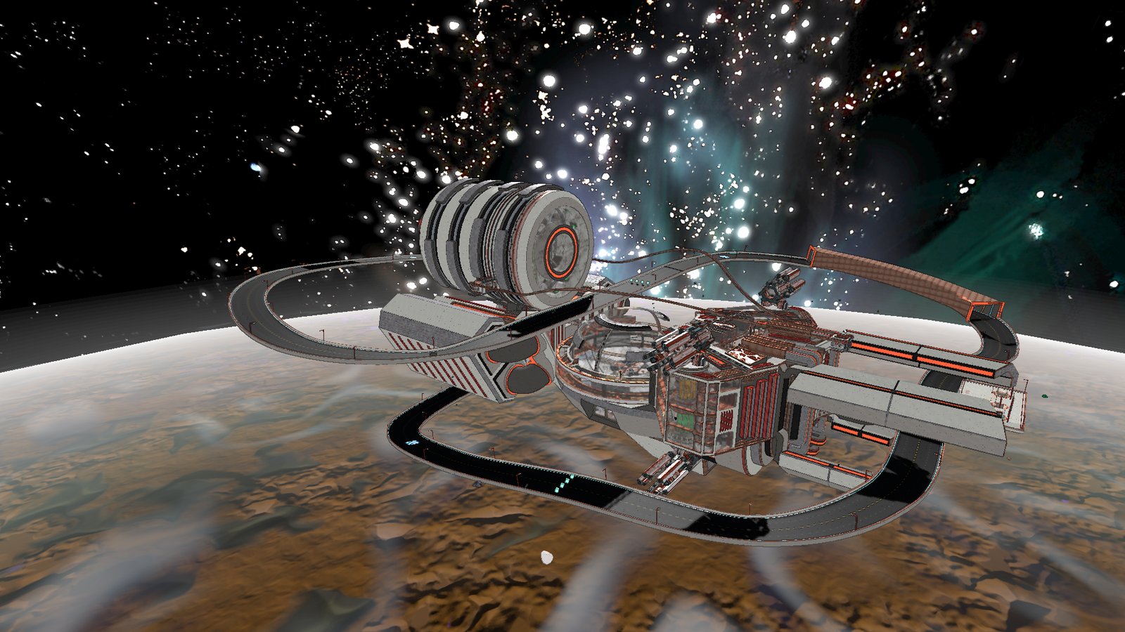 The space station over the planet, the raceway looping round its tower, under its belly and over its dome