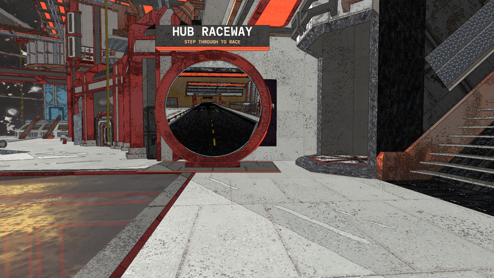 A red ring portal on the hub floor under a HUB RACEWAY sign, showing the track through it