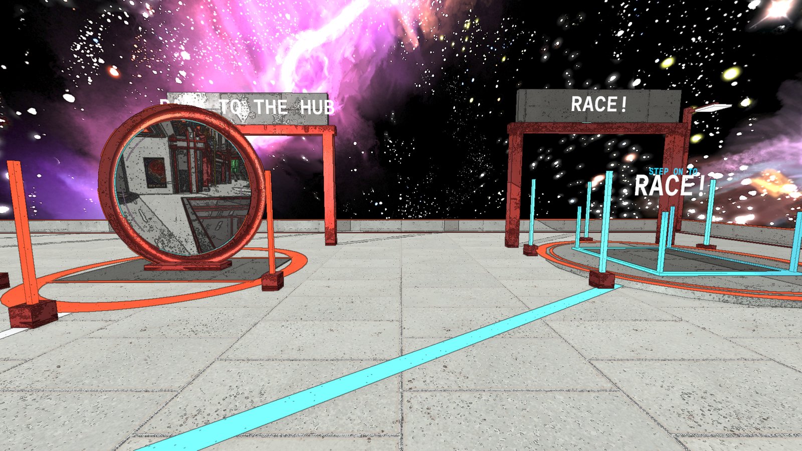 A white deck in space with the BACK TO THE HUB portal and the RACE! station under red archways