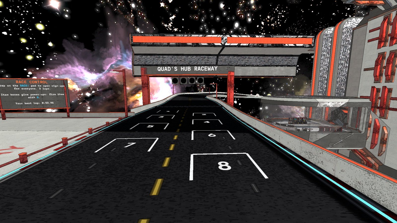 The QUAD'S HUB RACEWAY gantry with four start lights over grid slots 1 to 8, the RACE CONTROL board on the left