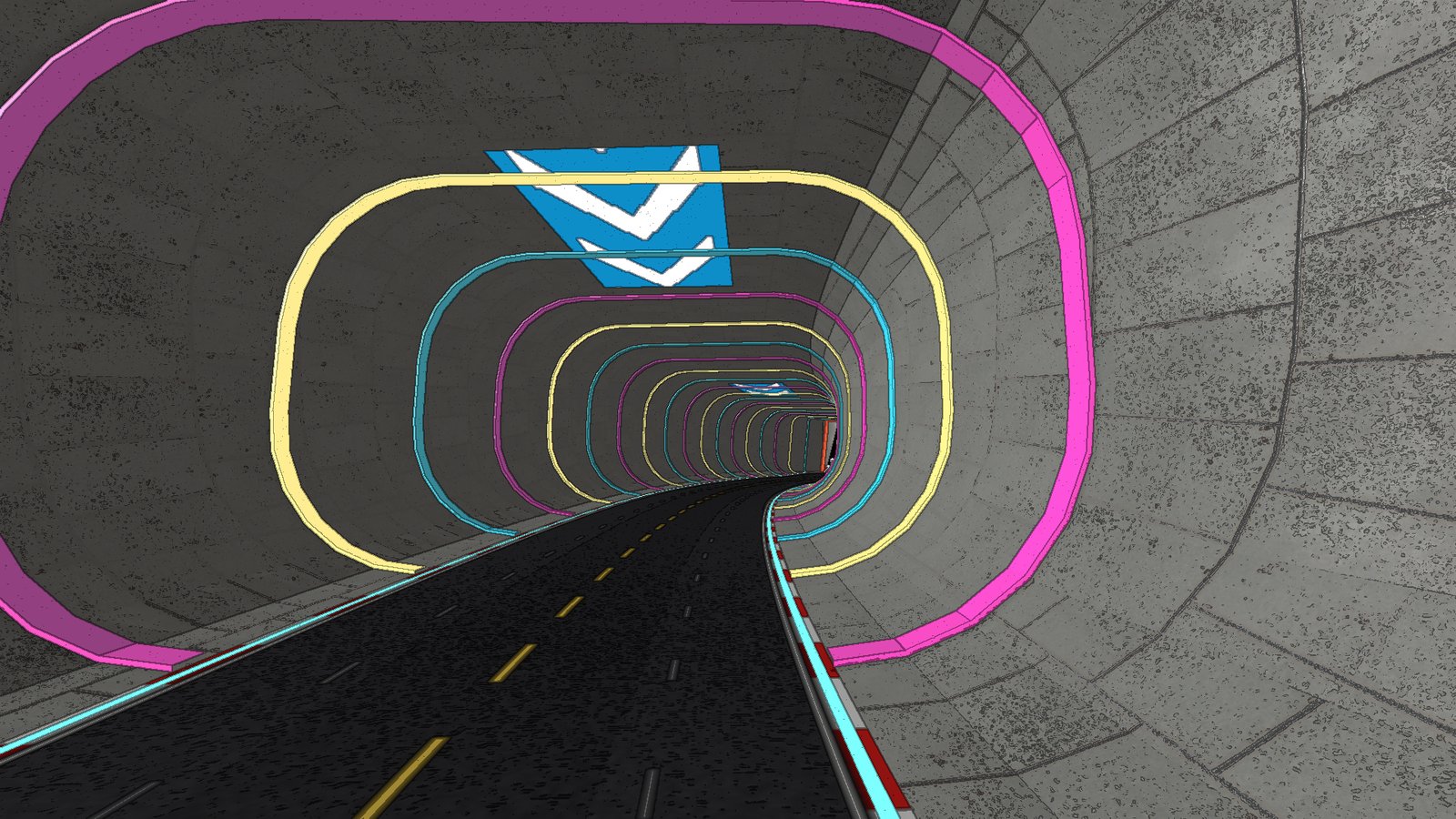Inside a rounded tube ringed with cyan, magenta and orange light rings, a boost pad on the ceiling