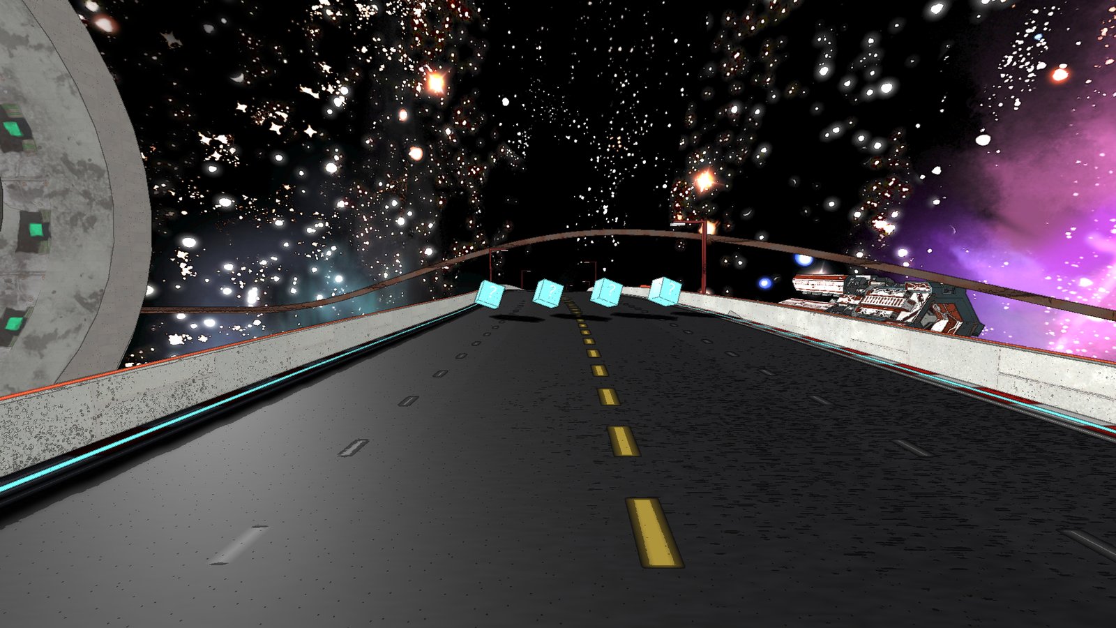 A row of four glowing item boxes across the road high over the station
