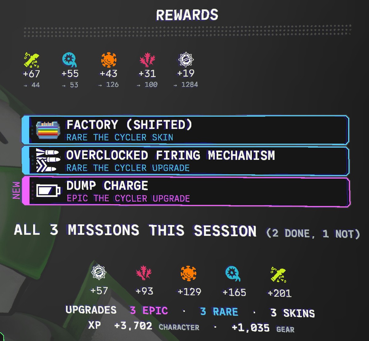 The reward screen's Rewards column: +19 then 1284 under it, three upgrades, then ALL 3 MISSIONS THIS SESSION with resource totals, upgrades by rarity and XP