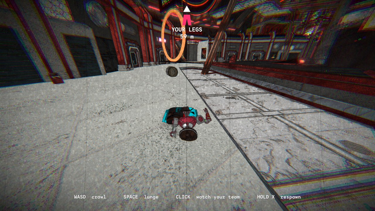 A robot torso crawling across the hub floor toward a YOUR LEGS marker 59 m away