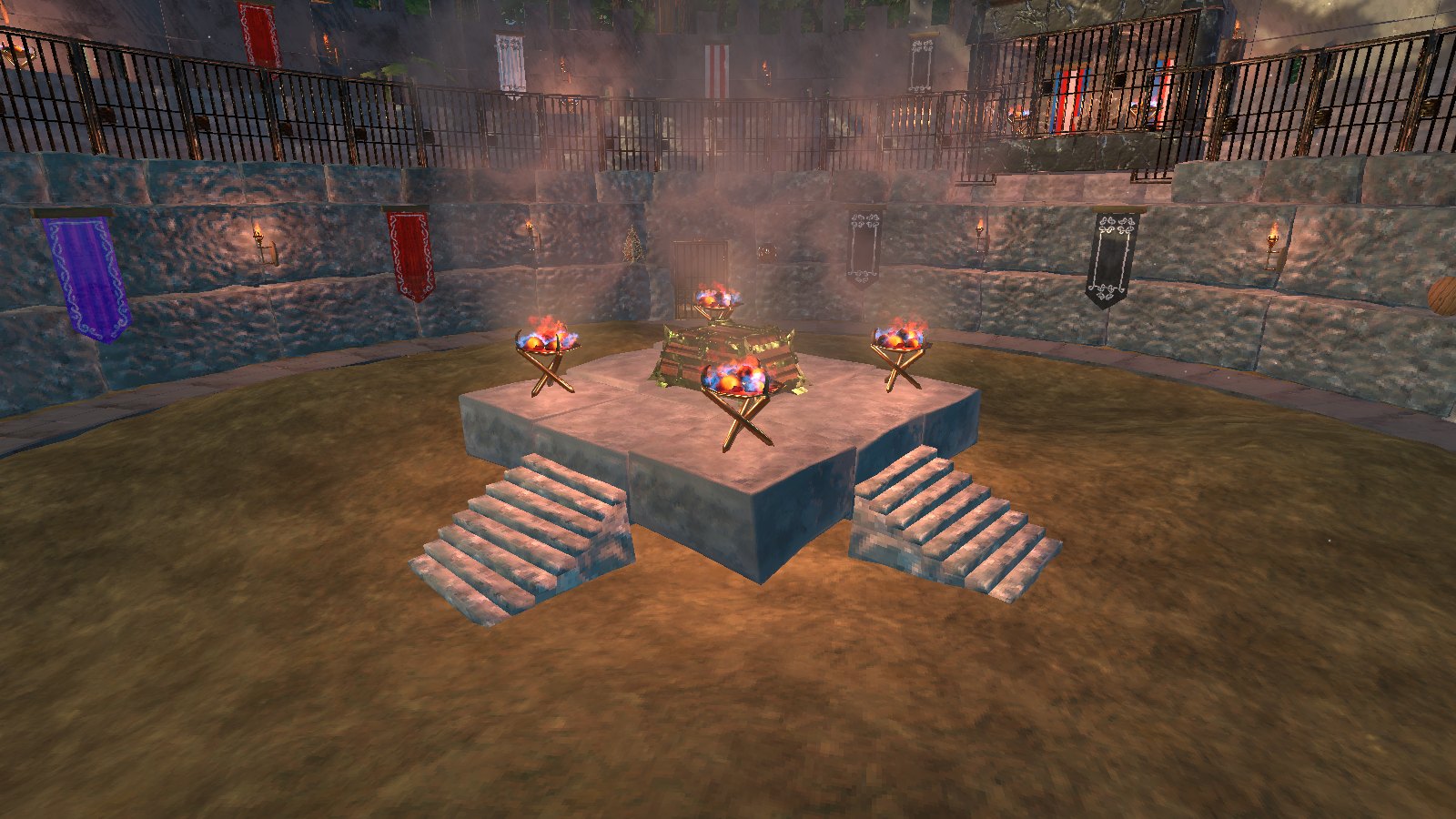 Between lands: the platform, its braziers and the reward chest