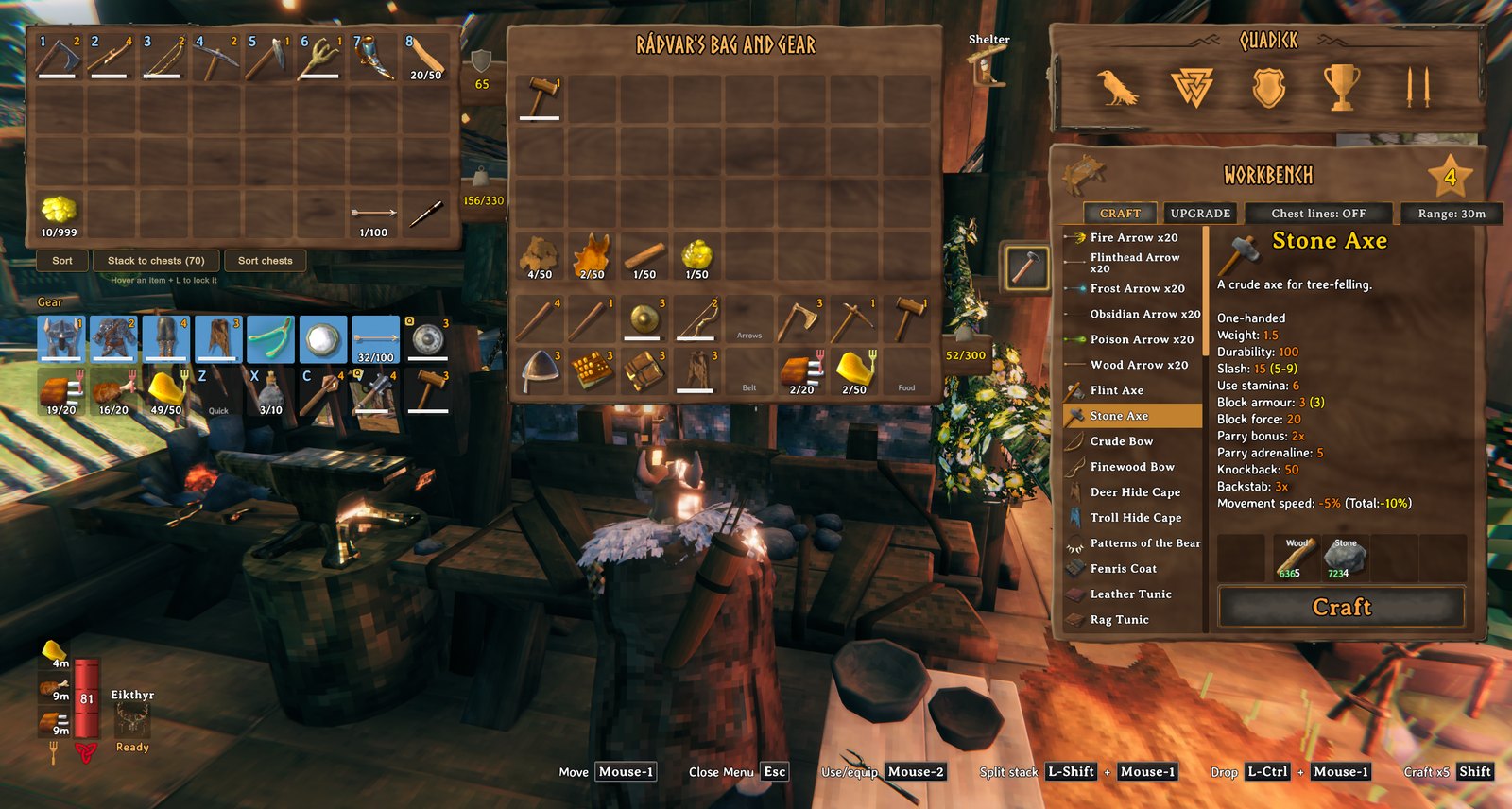 The workbench: Chest lines and Range beside the tabs, and the materials counted from the chests