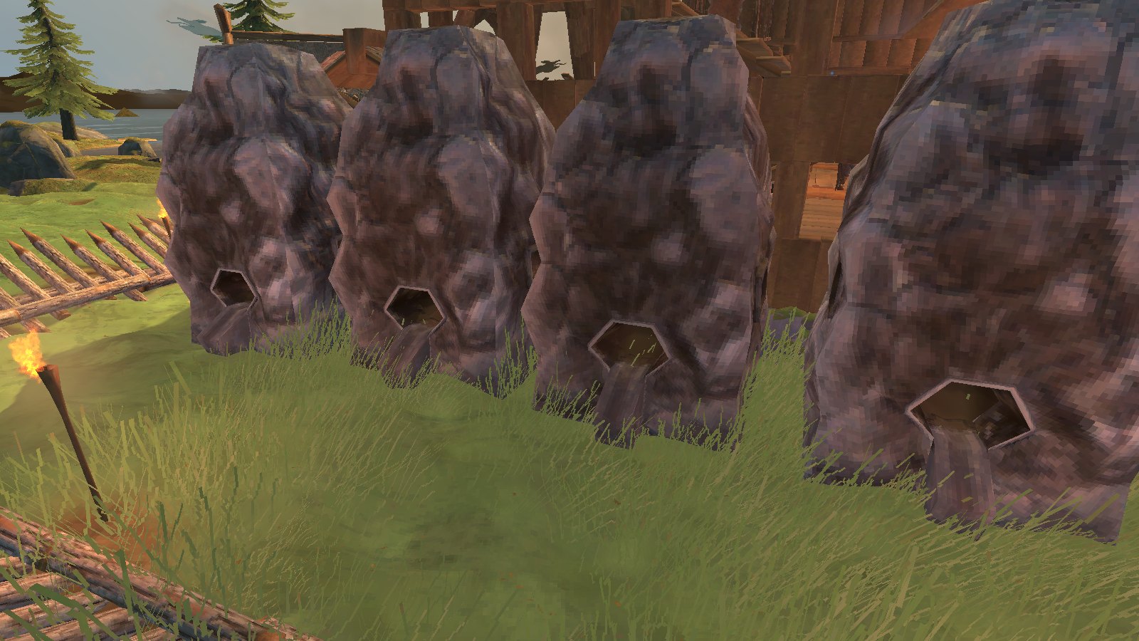 A row of smelters that feed themselves from the chests round them