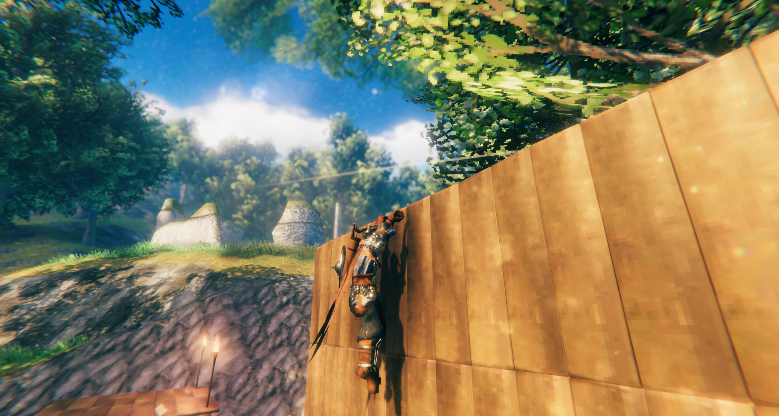 Hanging from a ledge, about to pull up