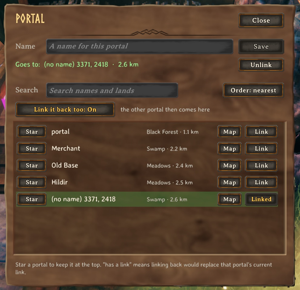 Pick where a portal goes from the list: names, lands, distances