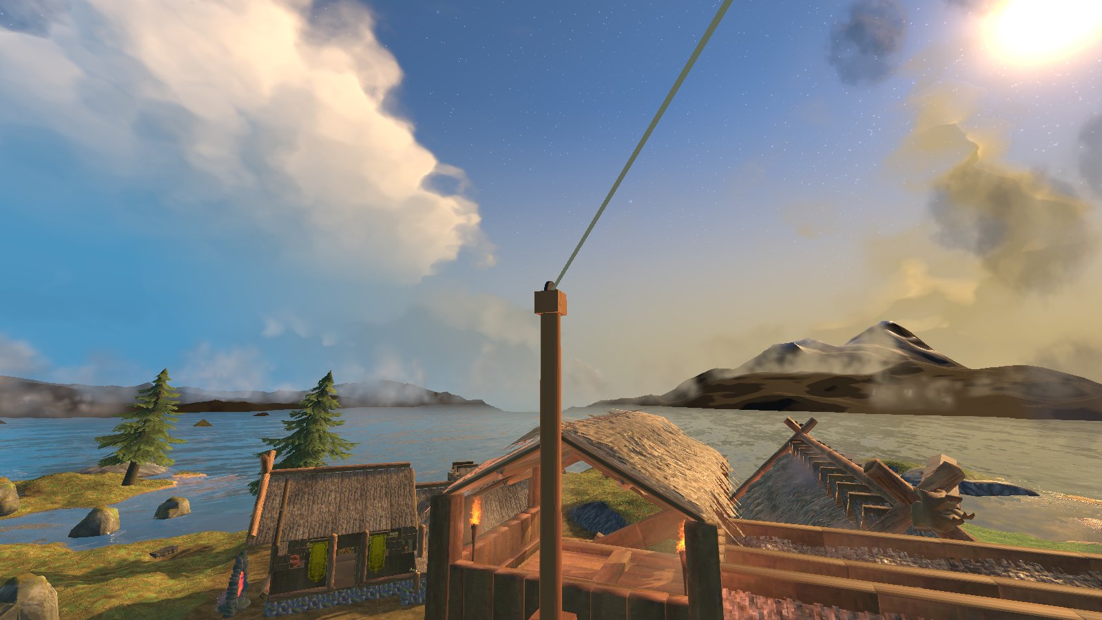 A Zipline Post on the roof, its rope rising out over the bay