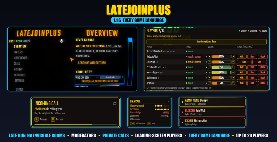 LateJoinPlus 1.1.6: the LJ+ menu, loading-screen players with volume, private calls and moderator pop-ups