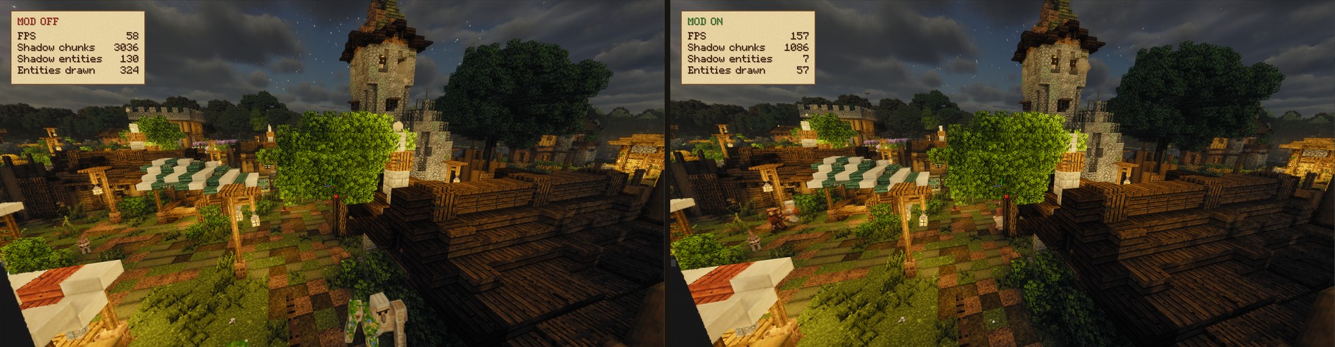 Village with a tower, off and on