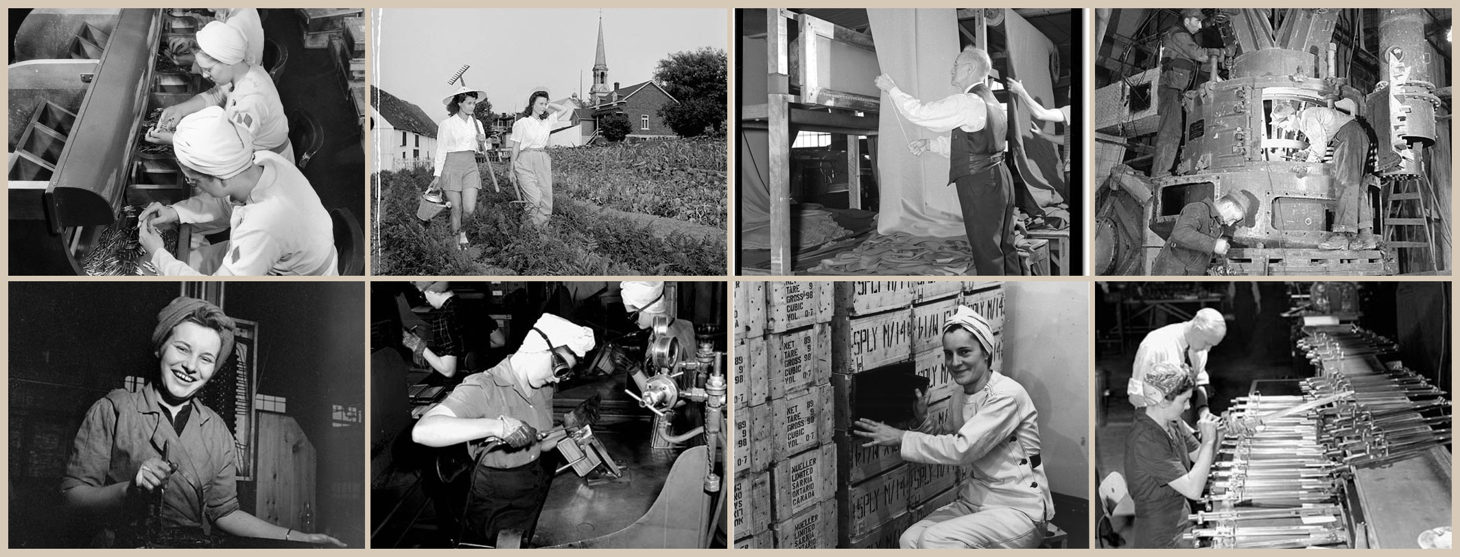 Eight photographs of Canadian women building war industries: welding, machining, drafting, and finishing munitions, 1940-1945.