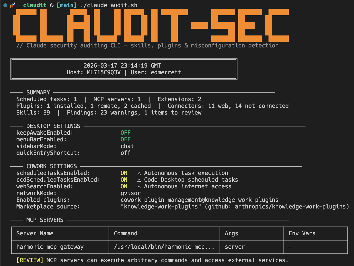 CLAUDIT terminal output