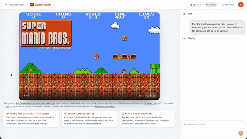 Jev uses System One Harness to play a live browser game by choosing one typed action per step.