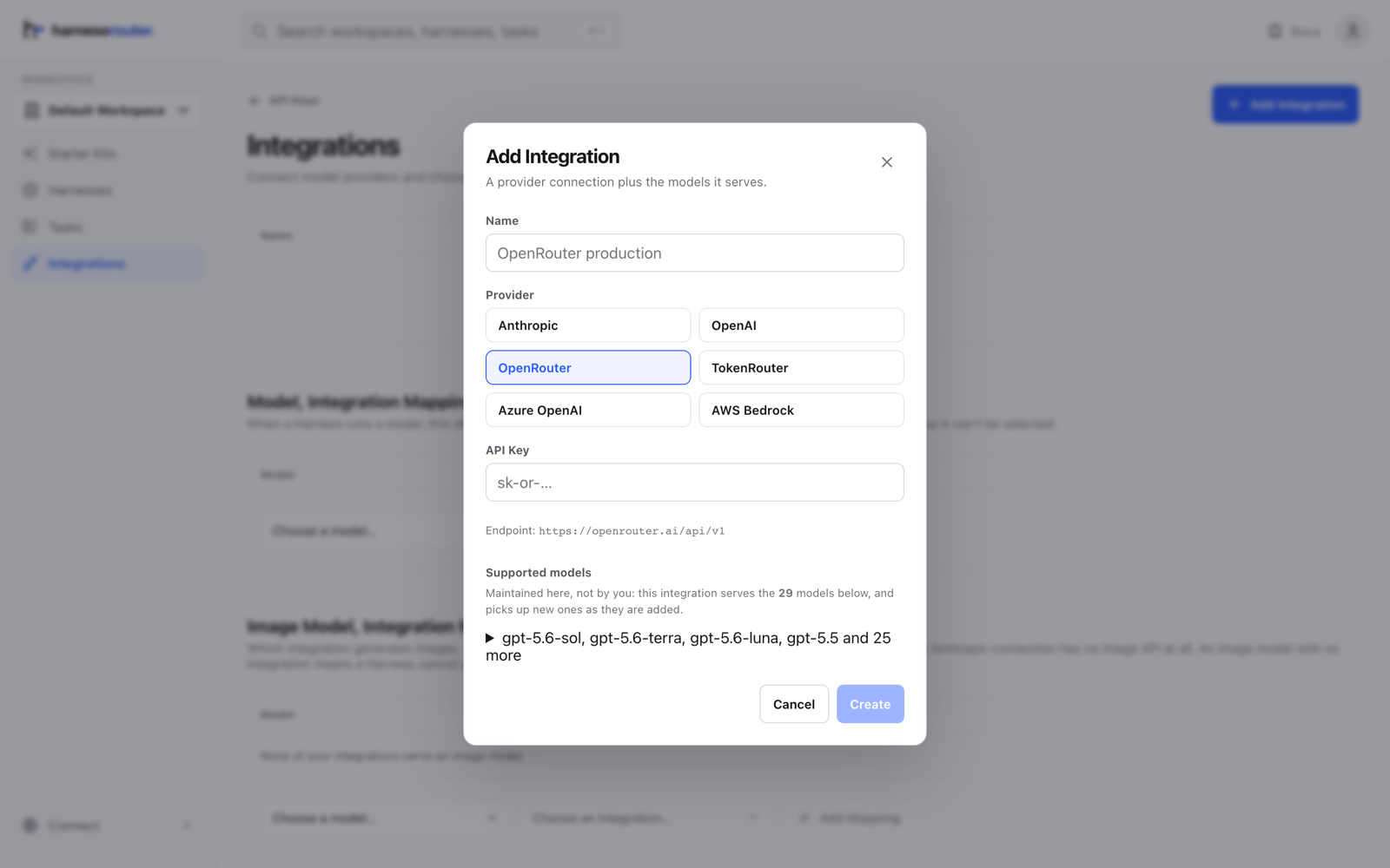 Integrations 대화상자에서 provider와 API key를 등록하고 연결된 provider가 제공하는 29개 모델을 확인합니다.