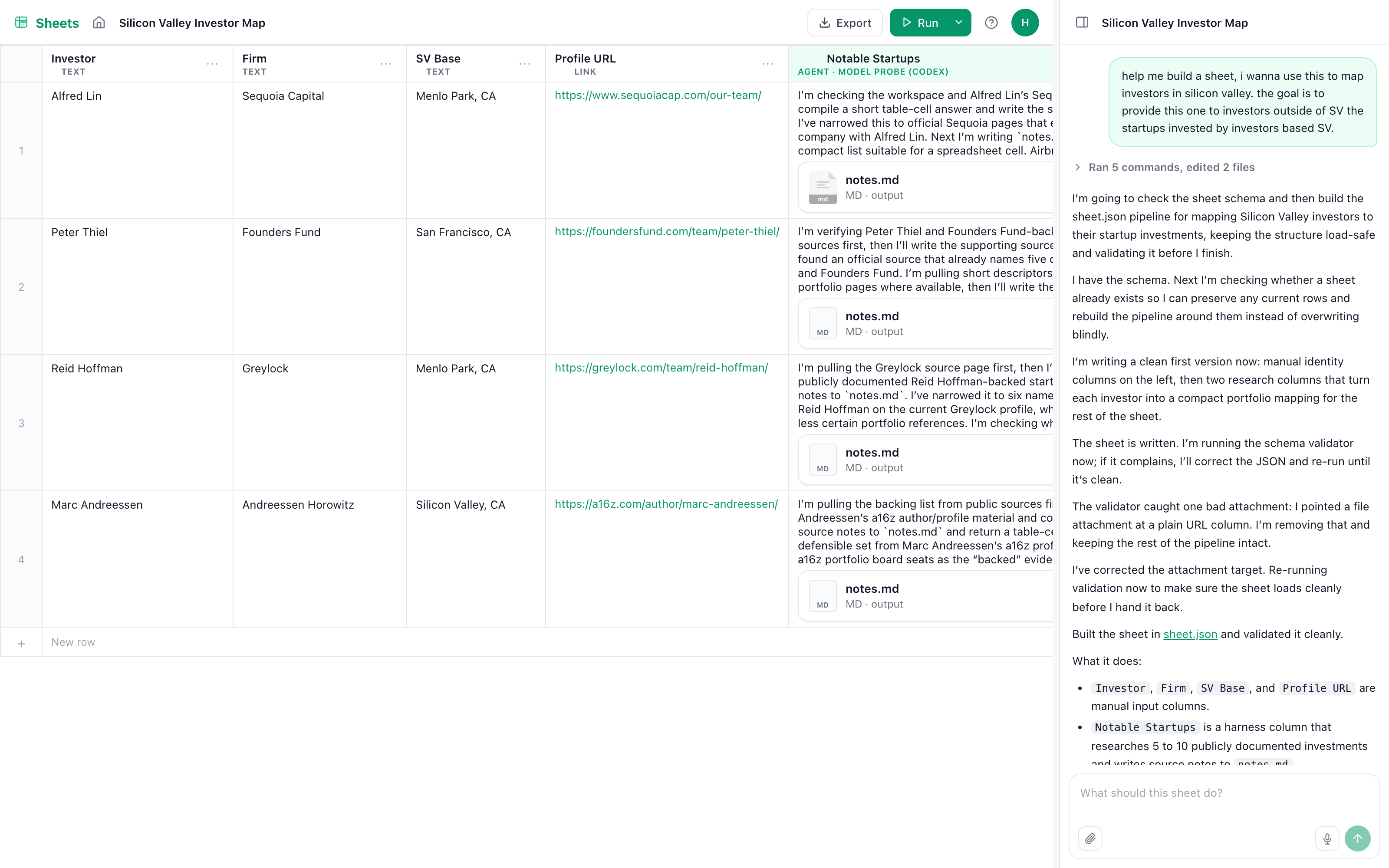 The Sheets kit: real investor rows, with an agent column filling one cell per row