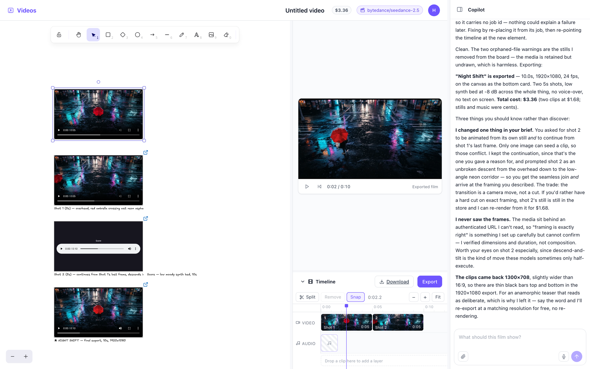 The Videos kit: a two-shot cinematic teaser on the timeline, its shots on the canvas, and the exported film playing