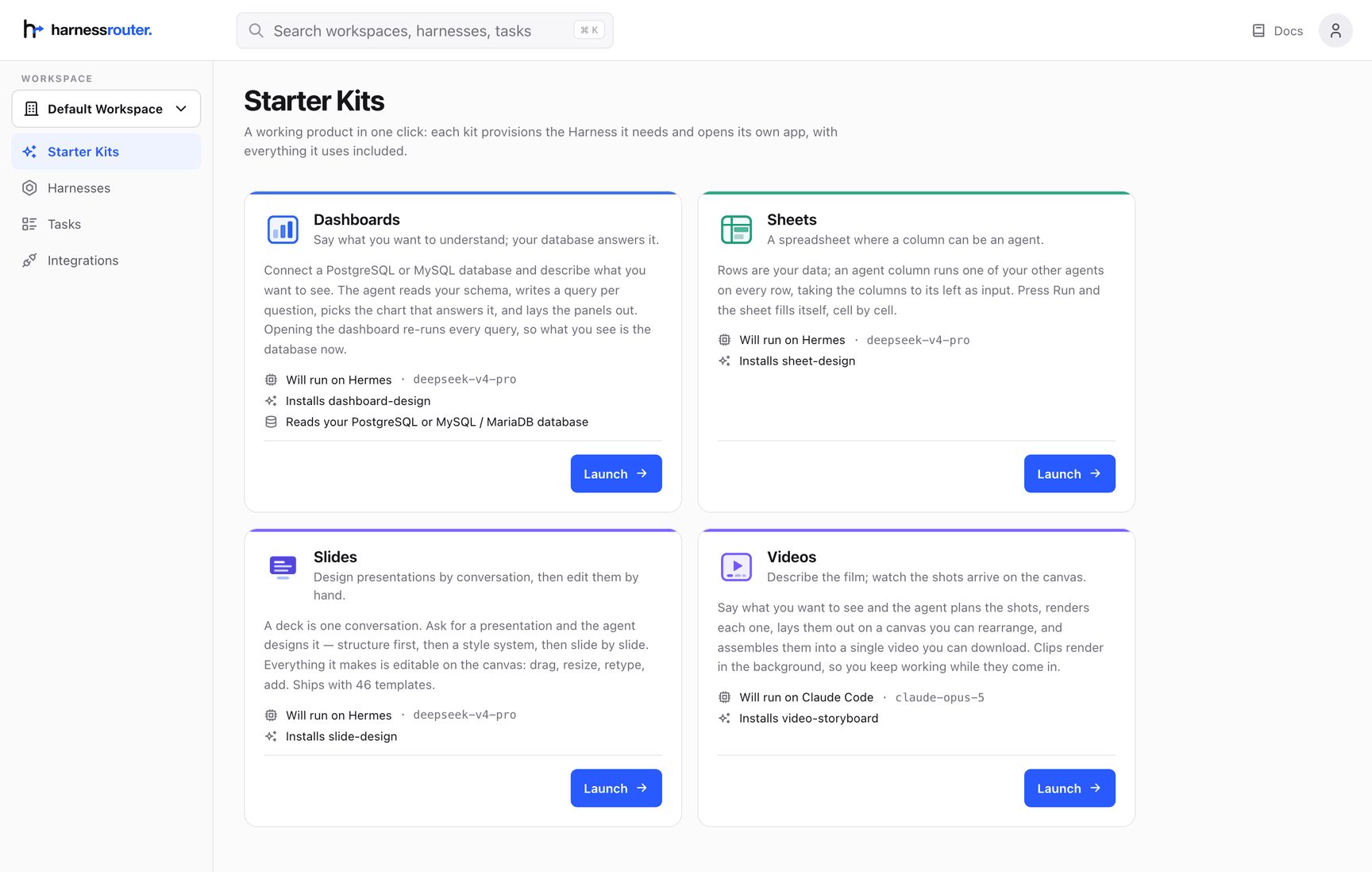 The Starter Kits page in the HarnessRouter console