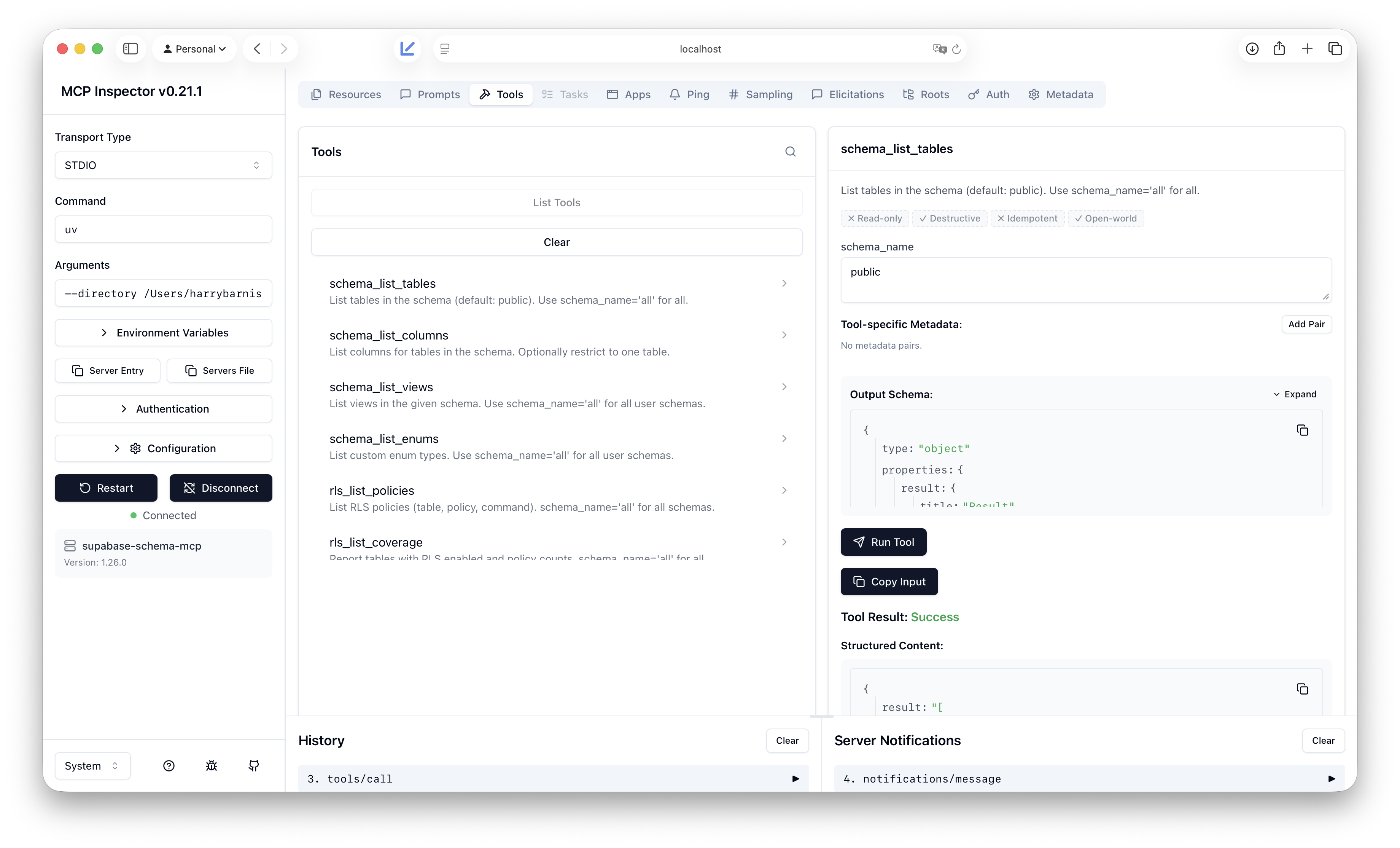 MCP Inspector with supabase-schema-mcp
