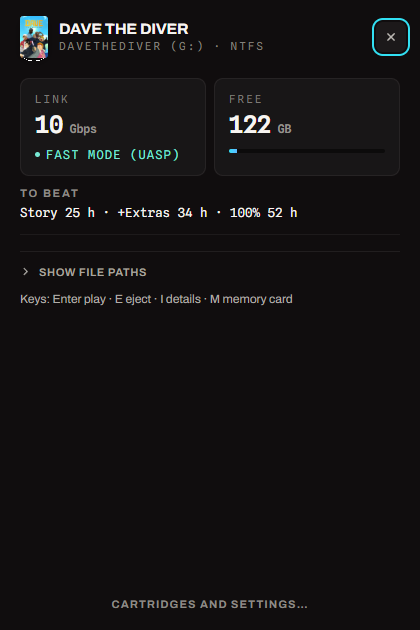 The details sheet for a single-game cartridge: the link speed and the free space as two large figures side by side, how long the game takes to beat, and a folded Show file paths disclosure