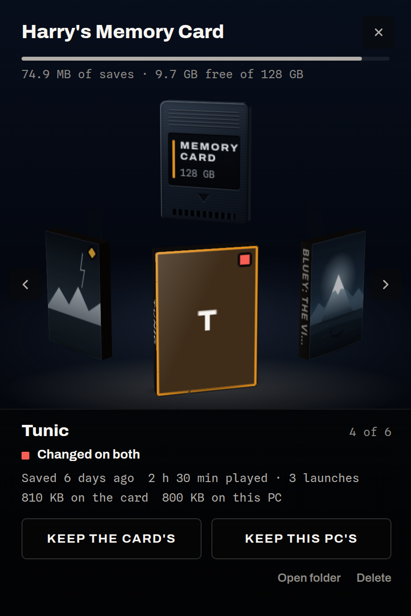 Tunic at the front of the ring with a square lamp: the panel says Changed on both, and two equal buttons offer Keep the card's and Keep this PC's