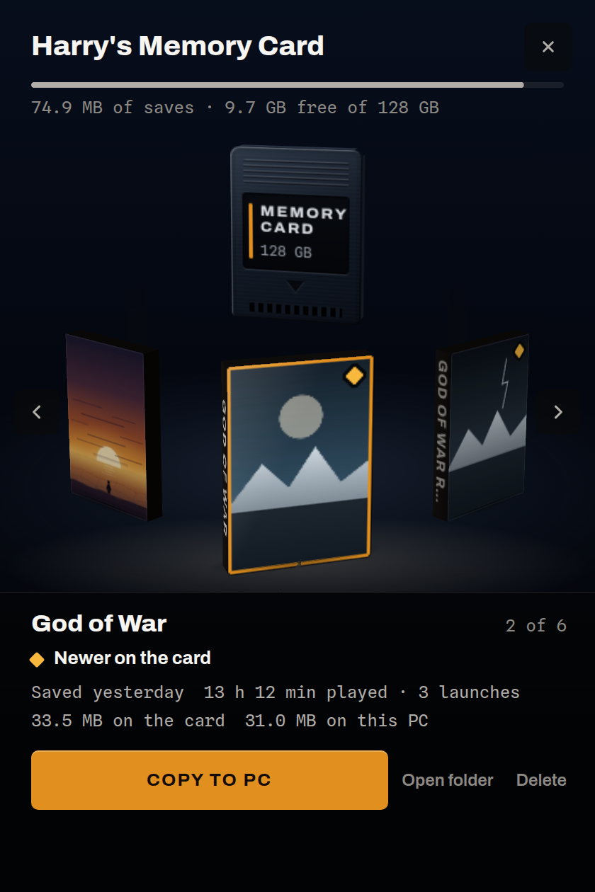 God of War at the front of the memory card's ring, with a diamond lamp: the panel says Newer on the card, saved yesterday, 13 hours played, and offers one Copy to PC button