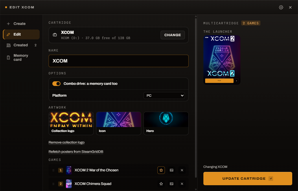 The wizard editing a two-game collection: the collection logo, icon and hero, the games in a drag-sortable play order with a star for the primary game, and the rail titled Multicartridge above a live preview of the launcher