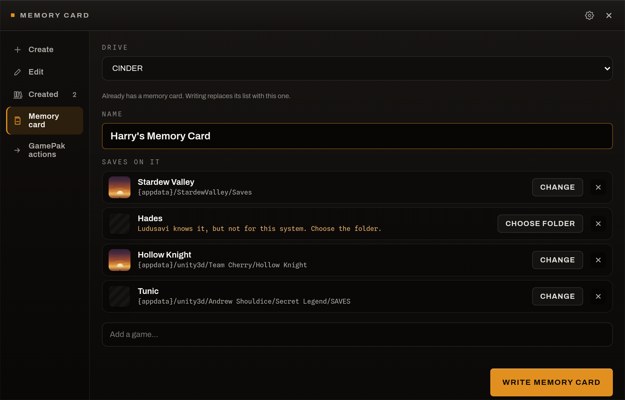The wizard's Memory card page: the drive, the card's name, and four games with the save folder Ludusavi found for each, one of them asking for a folder because Ludusavi knows it only on another system