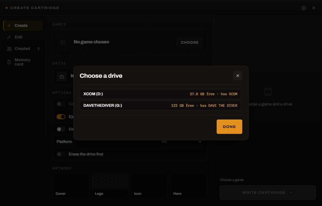 Choose the media: a dialog listing every removable drive with its free space, and a note against each one that already holds a cartridge