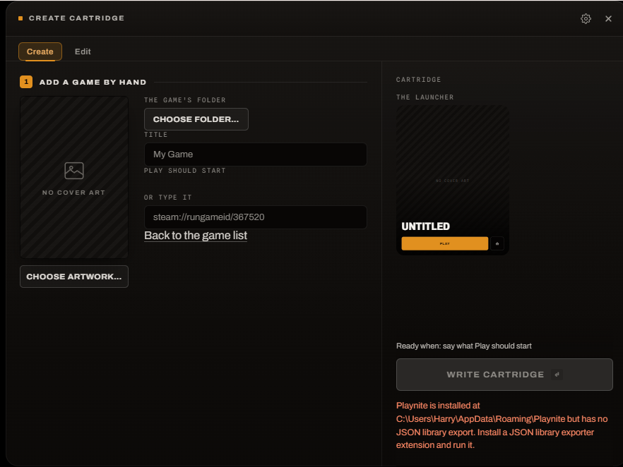 Adding a game by hand: the chosen folder, a title taken from the folder name, and the executables inside it ranked with the uninstaller and the runtime pushed to the bottom