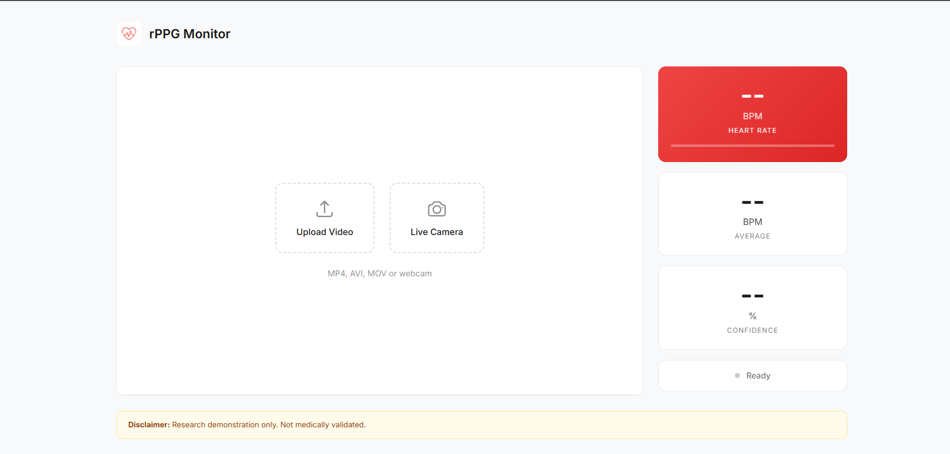 rPPG App Interface — web dashboard