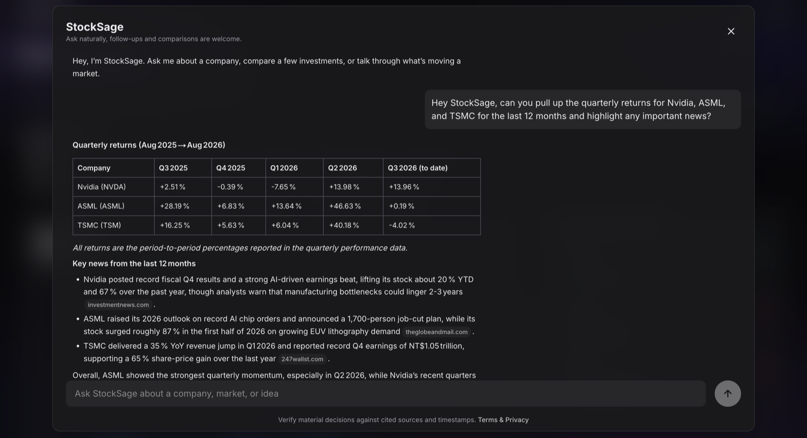 StockSage evidence-grounded stock research answer with citations