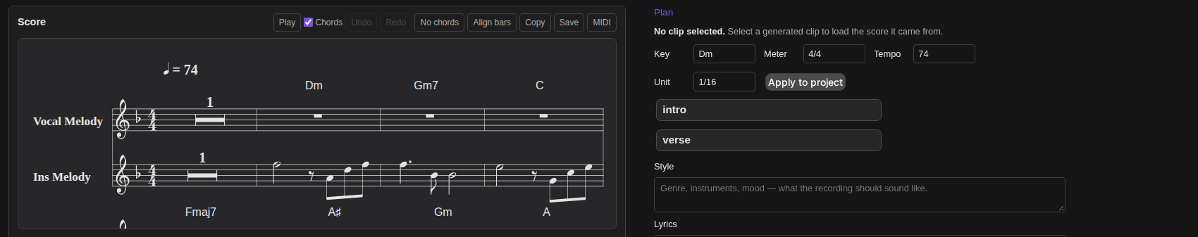 A transcribed score, with its chord symbols and sections
