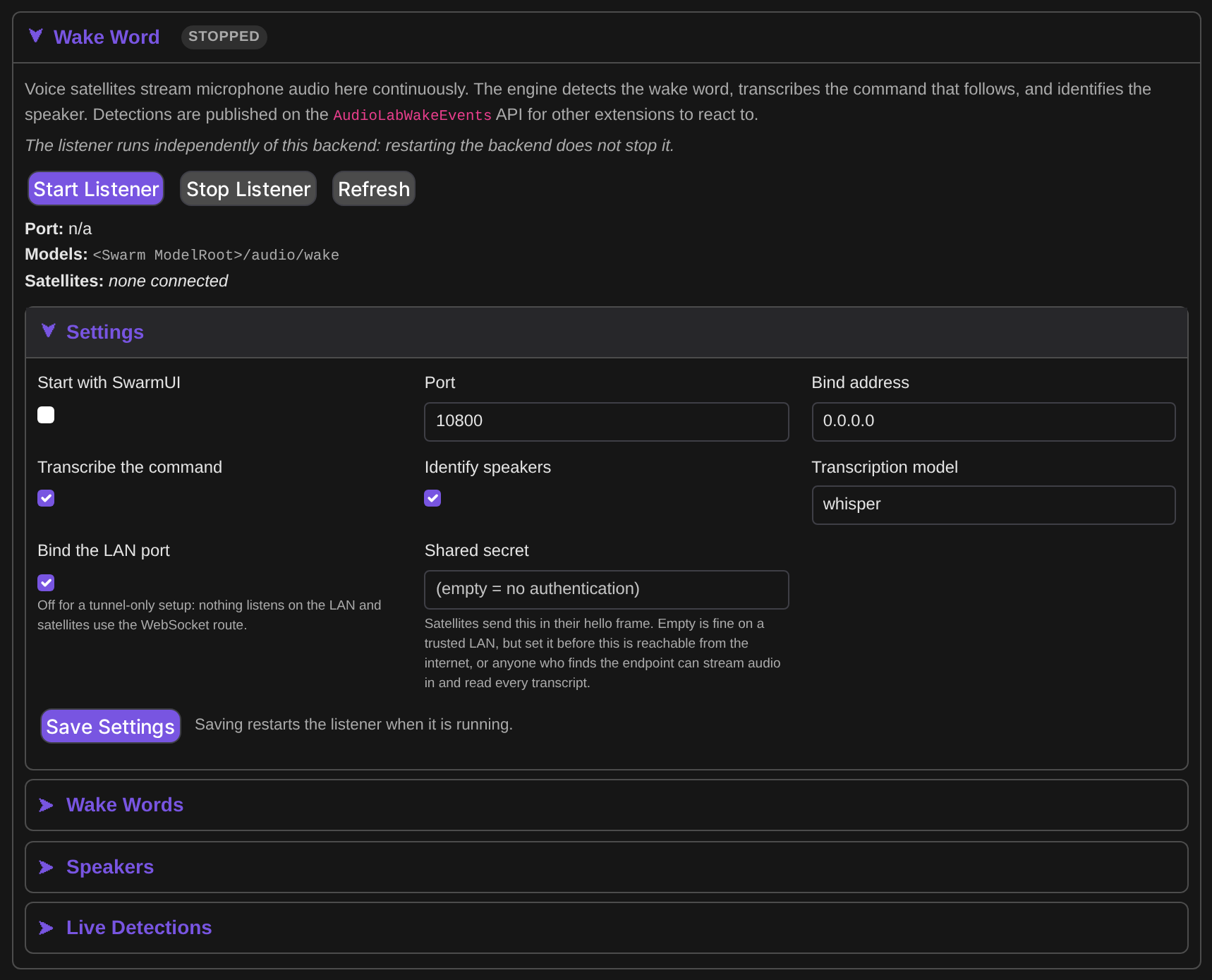 The wake word section on the Audio Backend card