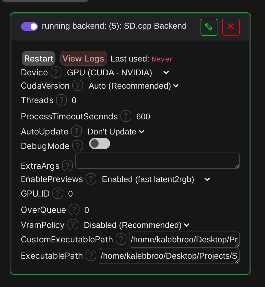 SD.cpp backend settings in Server -> Backends