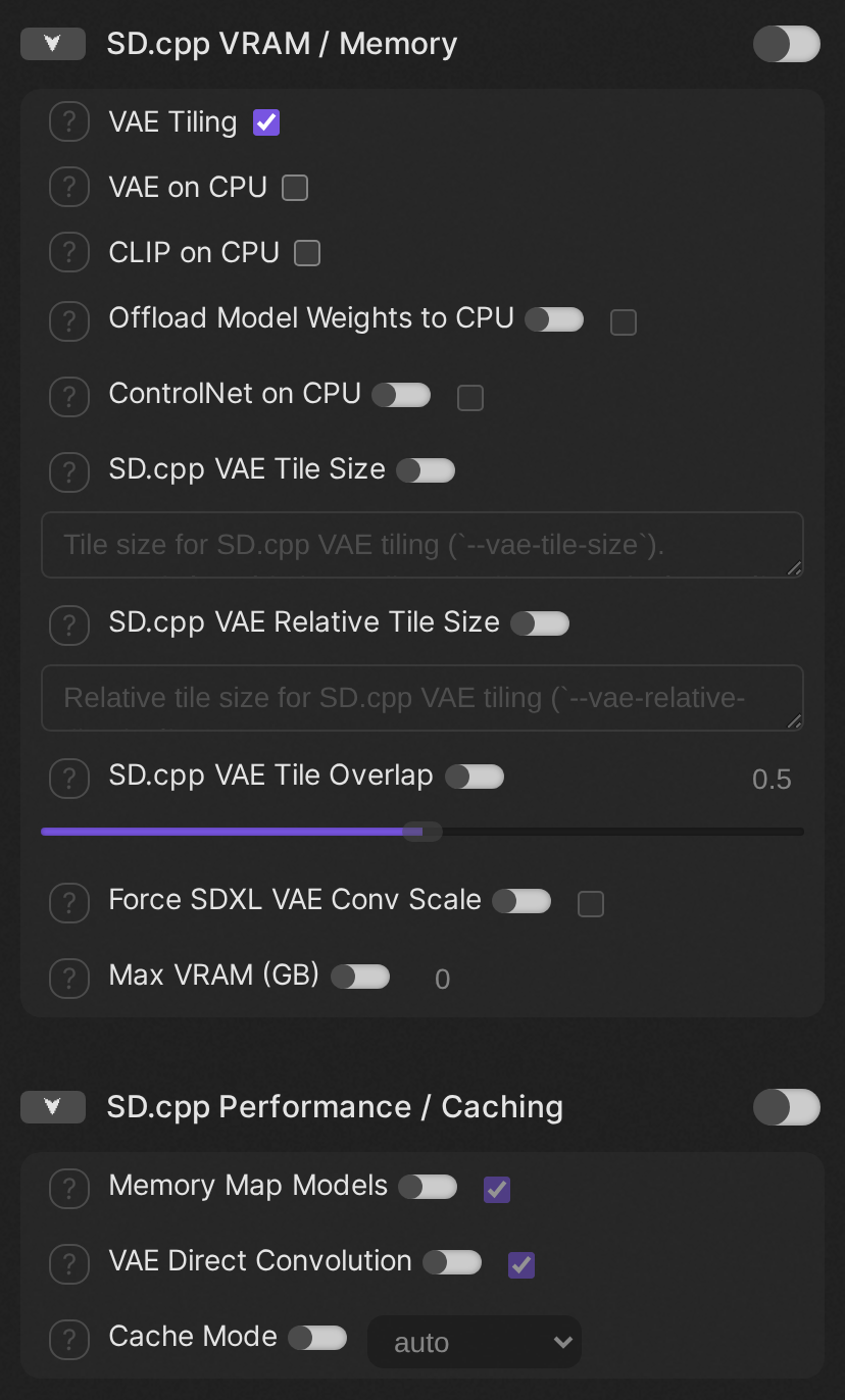 The SD.cpp VRAM / Memory and Performance / Caching parameter groups