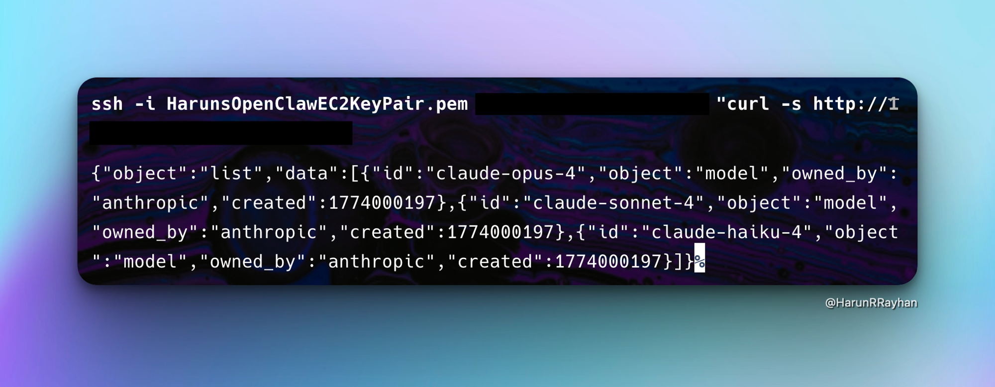curl showing /v1/models response with three Claude models