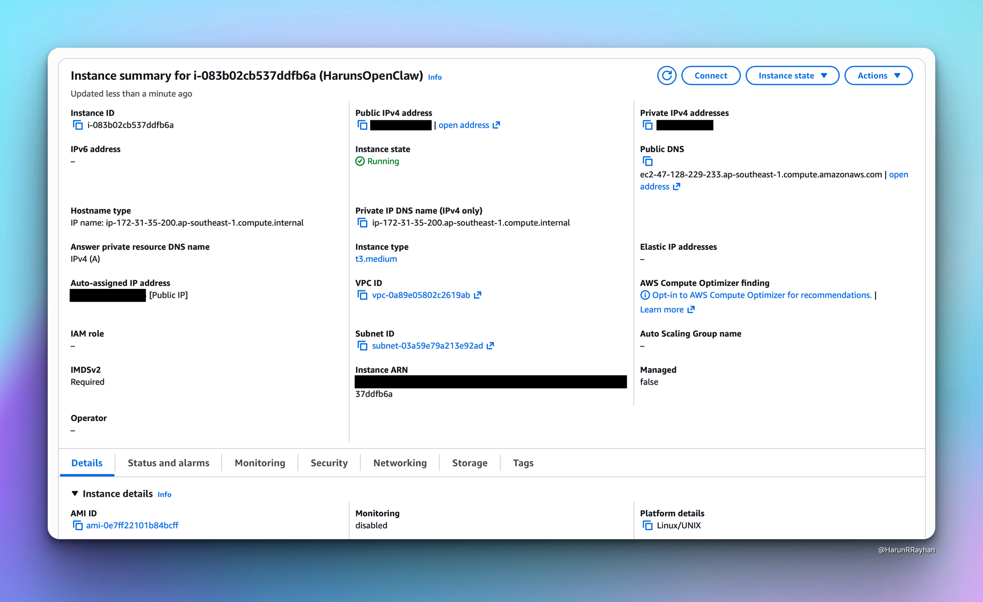 EC2 instance running in the console