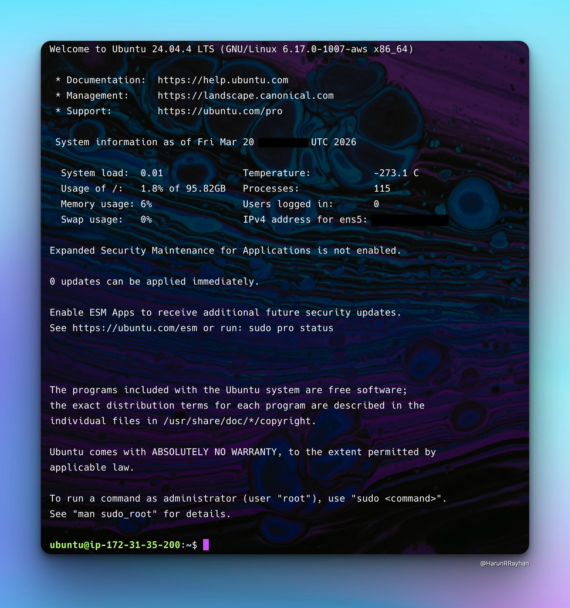 SSH terminal showing Ubuntu welcome message