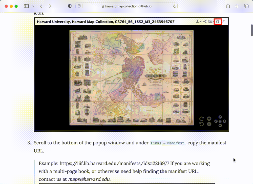 Screen recording showing the tutorial for using Harvard Digital Collections in AllMaps