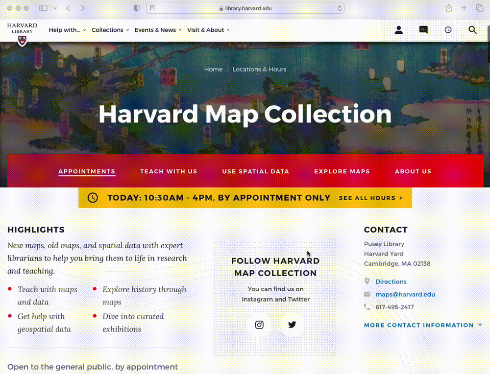 Screen recording of using the Harvard Map Collection website to make a one-on-one appointment