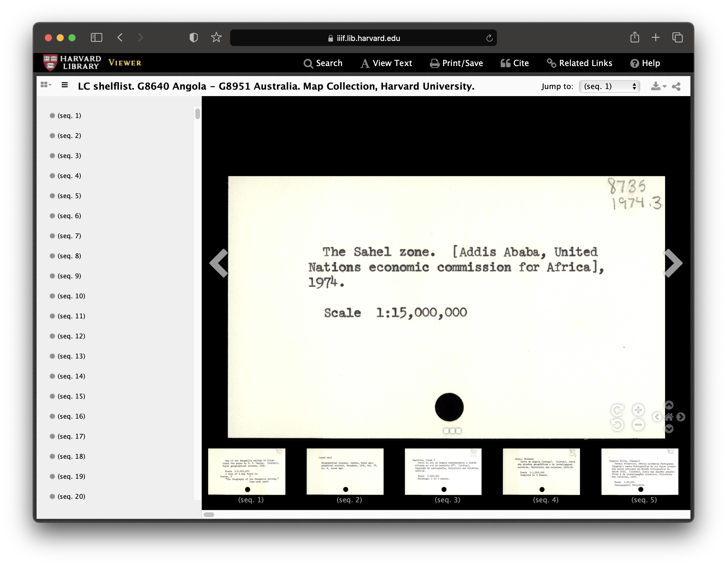 Screenshot from Harvard online library catalog