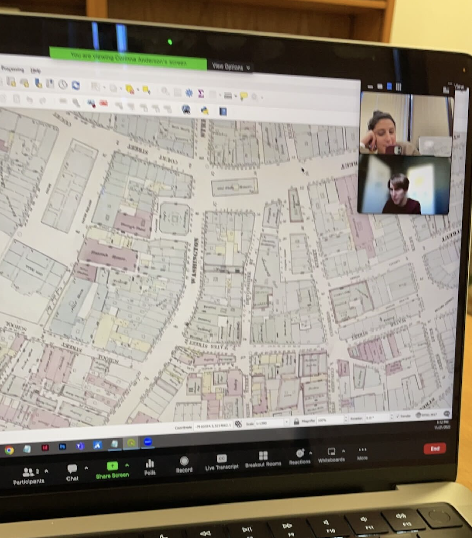 Screen capture of Belle helping a researcher figure out how to get data in different formats on a Zoom call (with Atlascope maps in the background)