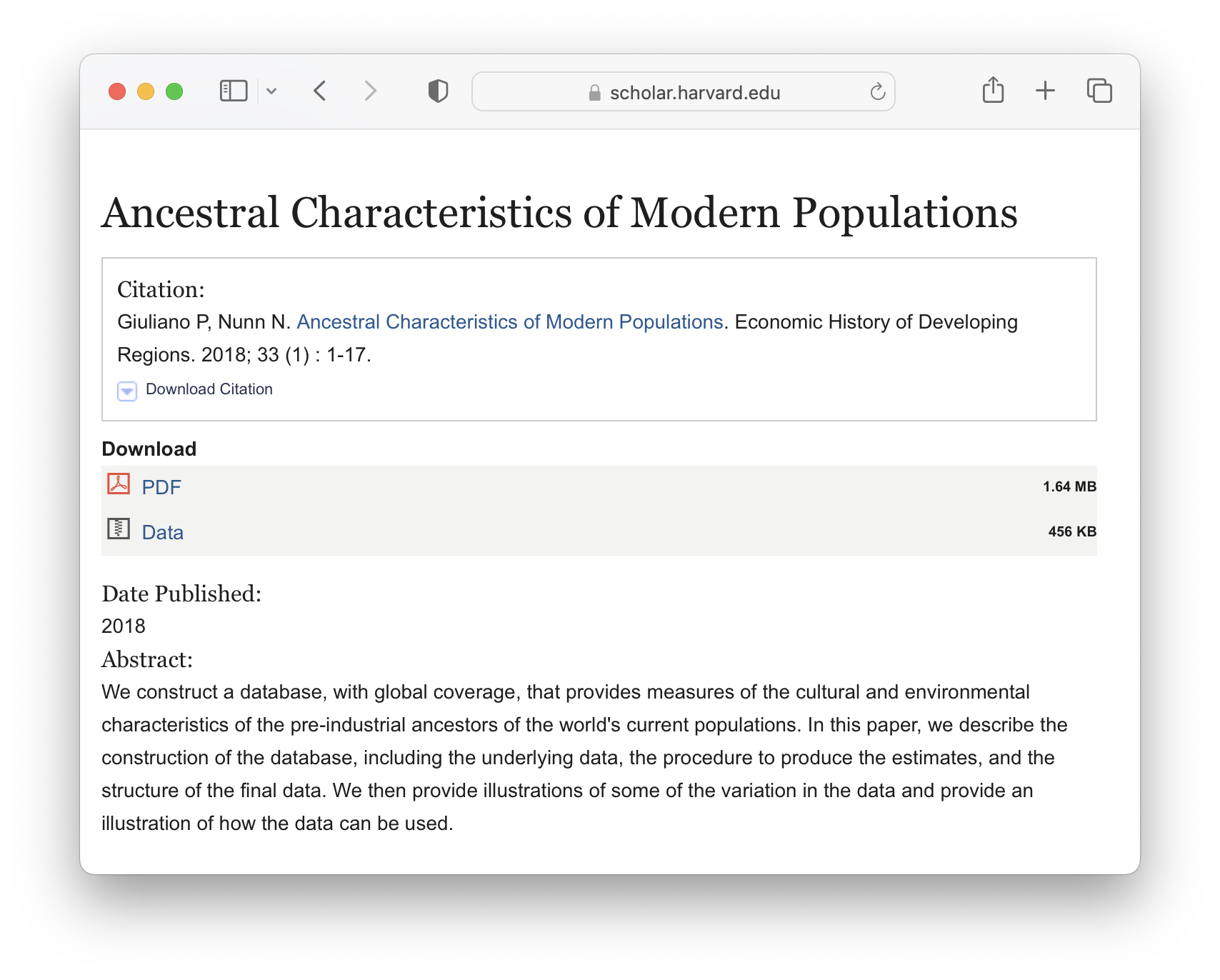 Screenshot of the ancestral characteristics of modern populations dataset