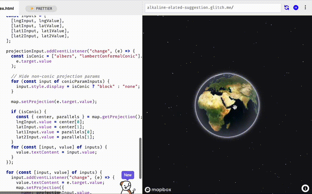 Screen recording of a Mapbox GL JS app showing the earth in space panning around the globe