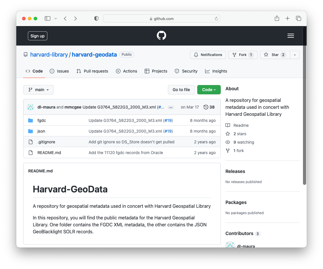 Screenshot of the Github page containing all of the geodata records for the Harvard Geospatial Library
