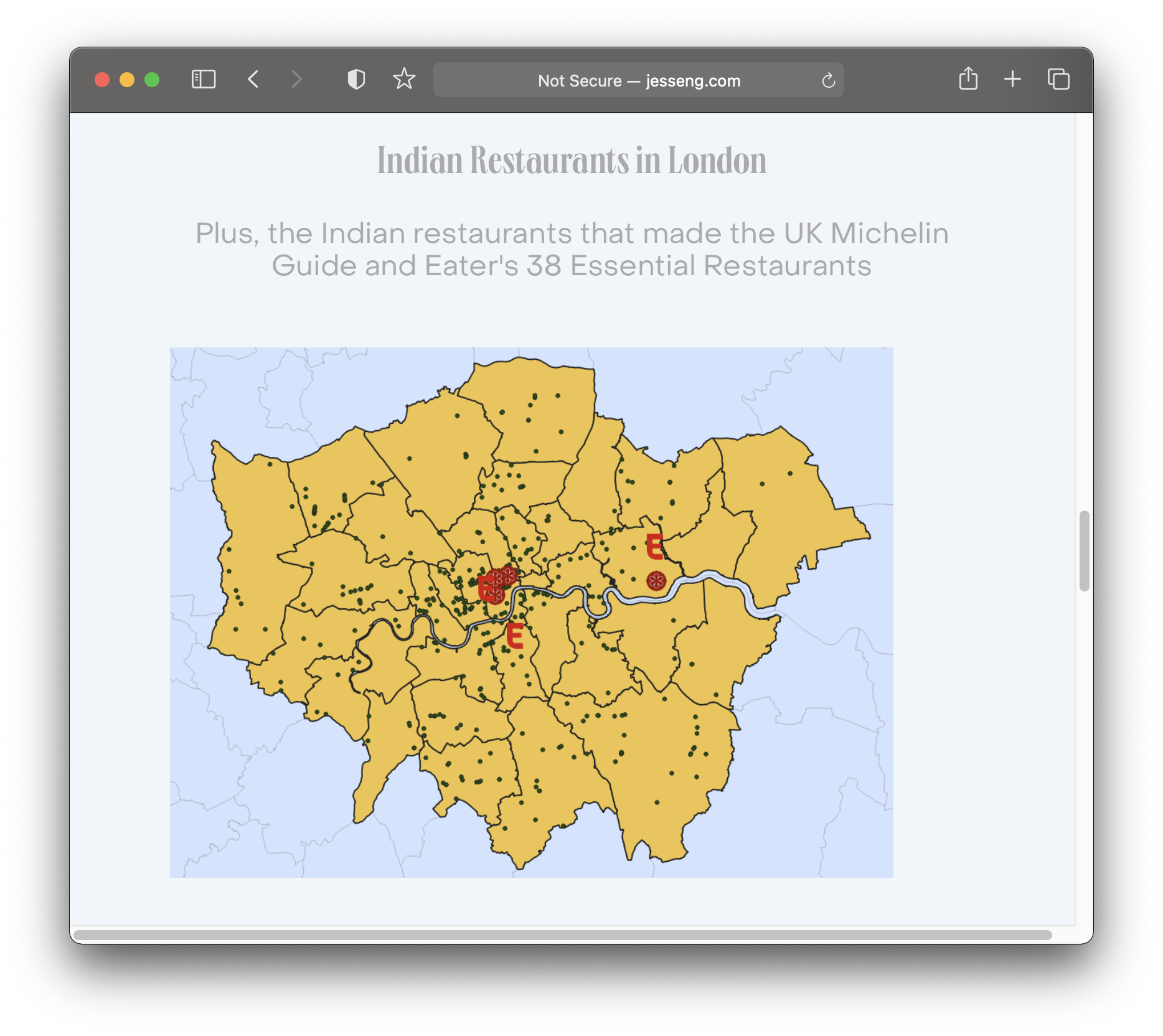 Screenshot of a map of London showing dots which represent Indian restaurants
